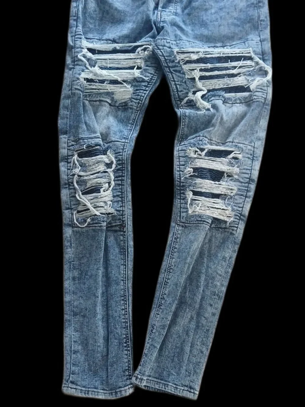 H&M Divided Men’s Skinny Biker Moto Jeans Top Stitch Horizontal Rips Size 33